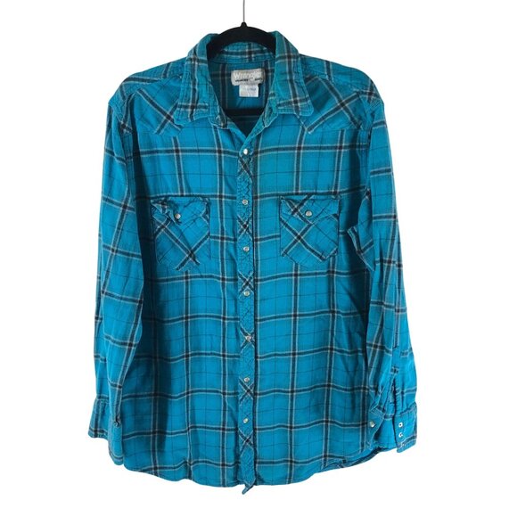 Wrangler Wrancher Mens Pearl Snap Button Shirt Flannel Western Plaid Blue XLT - Picture 1 of 3